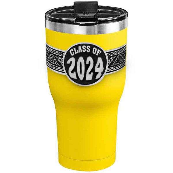 A customized tumbler made of stainless steel with a personalized engraved Class of 2024 lettering, 30 oz, ideal for coffee or cool drinks